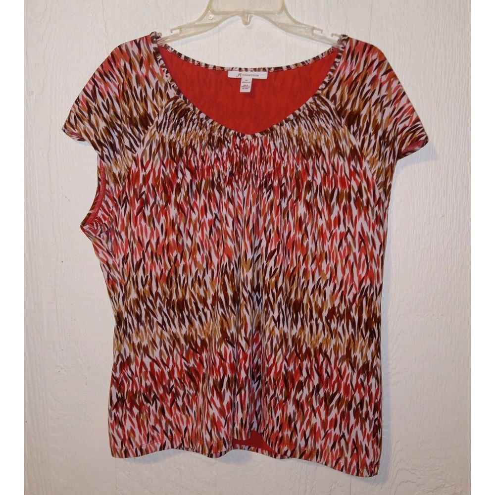 JM Collection Blouse Women XL Orange Brown Abstract Smocked Mesh Top